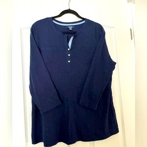Chaps Navy Blue top. Size 2X. Light blue trim around neck and buttons.
